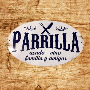 Cartel Chapa 40x60cm "PARRILLA ASADO~VINO~FAMILIA Y AMIGOS"