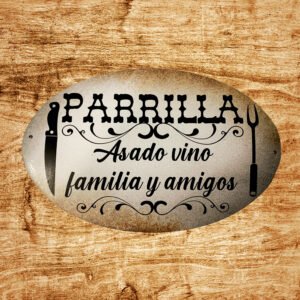 Cartel Chapa 40x60cm "PARRILLA ASADO VINO FAMILIA Y AMIGOS"