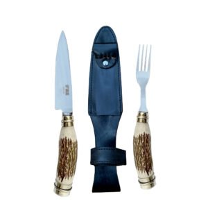 TENEDOR Y CUCHILLO FIRE INOX CIERVO ALPACA VAINA CUERO