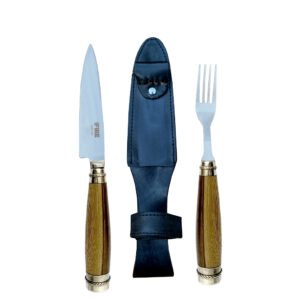 TENEDOR Y CUCHILLO FIRE INOX MADERA ALPACA VAINA CUERO